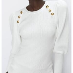 Zara Women's Ivory Knit Ribbed Pullover Sweater Gold Buttons Size Medium